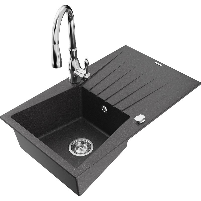 Zlewozmywak granitowy 1-komorowy Mexen Cesar z ociekaczem i baterią kuchenną Savita czarny nakrapiany - 6514-76-672601-76 1 szt.