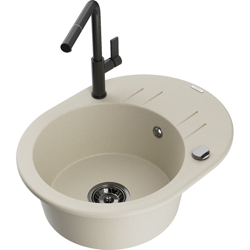 Zlewozmywak granitowy 1-komorowy Mexen Kevin z ociekaczem i baterią kuchenną Flora biały - 6517-20-670401-70-B 1 szt.