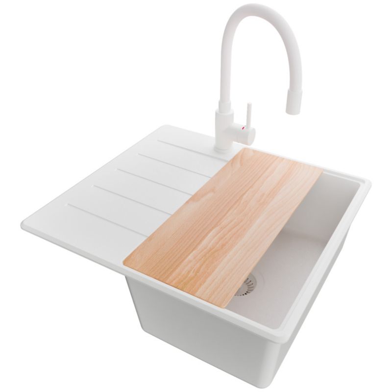 Zlewozmywak Granitowy Kopenhaga PRIMAGRAN Nablatowy 55x50cm do szafki od 40cm, Cały Biały + Bateria + Syfon + Deska, S086, 1 szt.