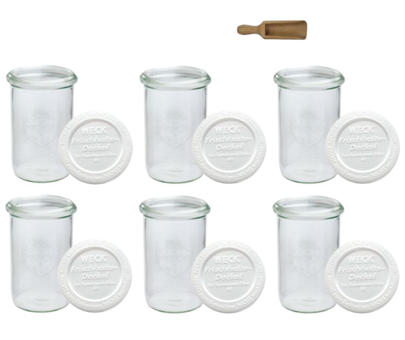 Słoiki MODO24 Weck 1050 ml fi 100 mold plastikowe wieka miarka 6 kpl.