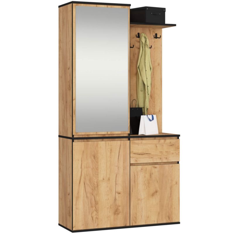 Zestaw do przedpokoju z lustrem AKORD ENTRO Dąb Craft 95 cm 1 szuflada 3 drzwi 7 półek 95x35x183 cm 1 zestaw