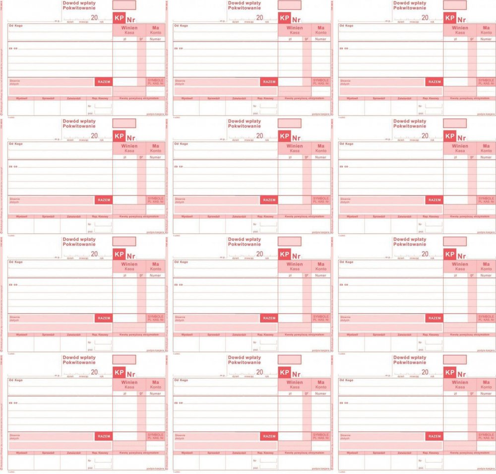 12x Druk akcydensowy Kasa przyjmie Emerson 401-5, A6, 1 kopia, 80k