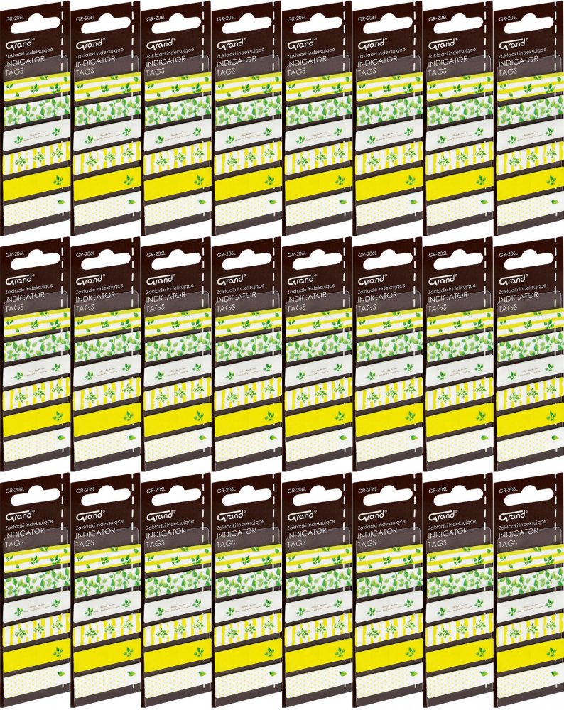 24x Zakładki samoprzylepne Grand GR-206L, proste (z nadrukiem liści), indeksujące, folia, 45x12mm, 6x20 sztuk, mix kolorów