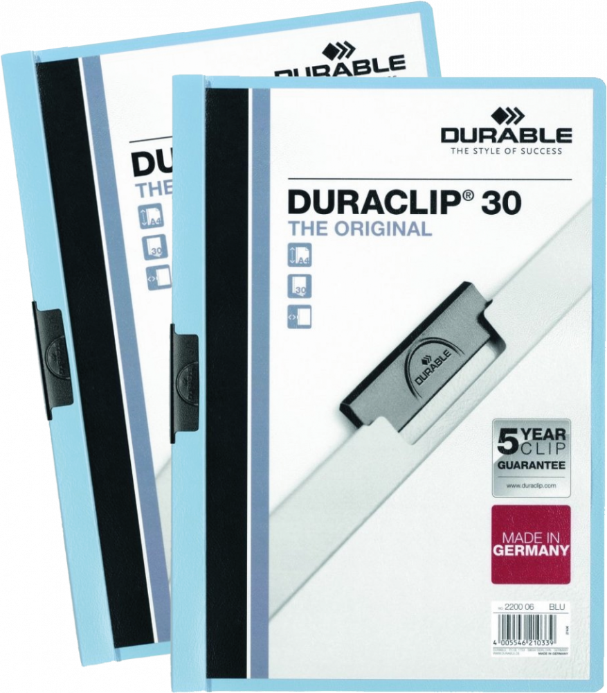 2x Skoroszyt plastikowy z klipsem Durable Duraclip, A4, do 30 kartek niebieski