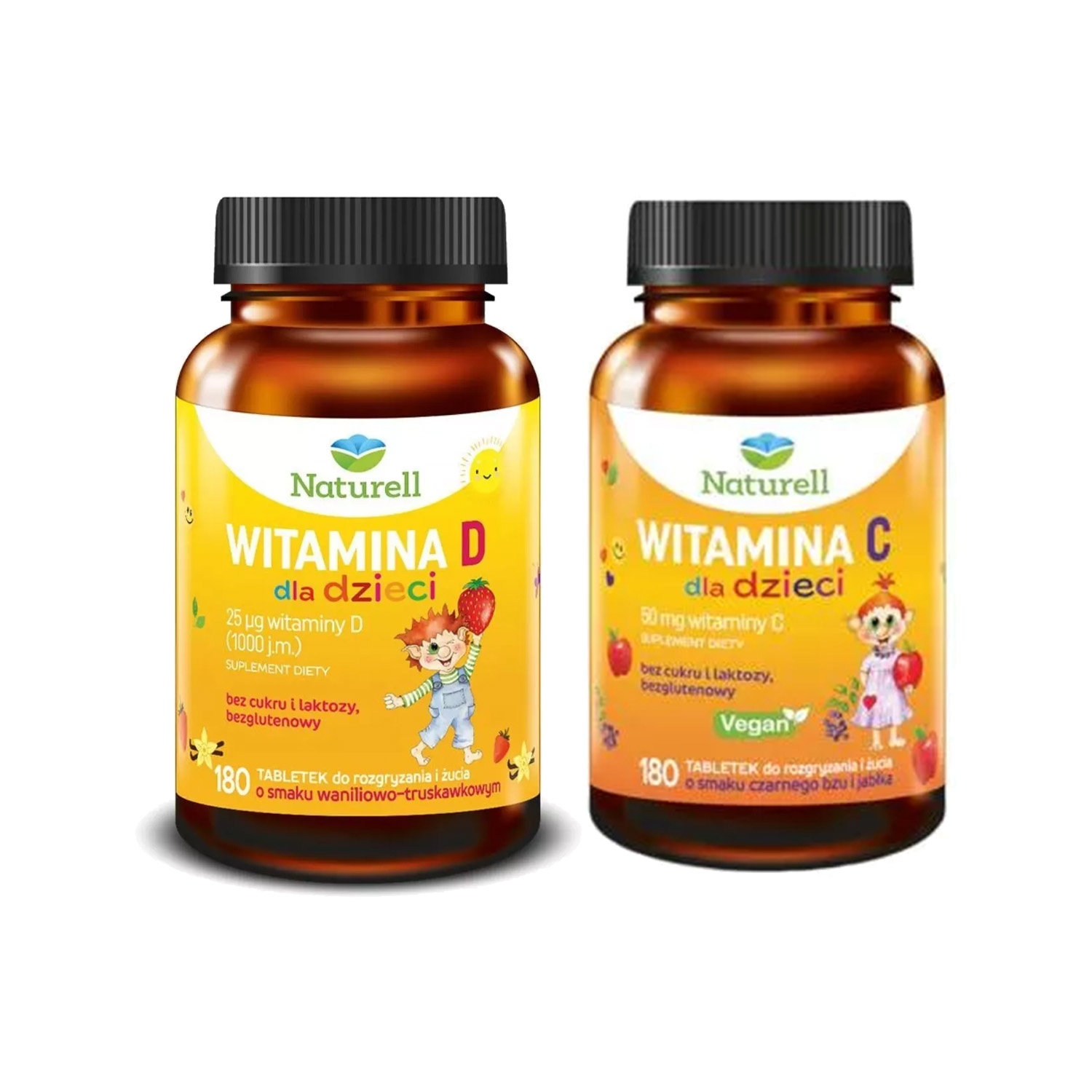 Zestaw: naturell, witamina d dla dzieci, 180 tabletek + naturell, witamina c dla dzieci, 180 tabletek