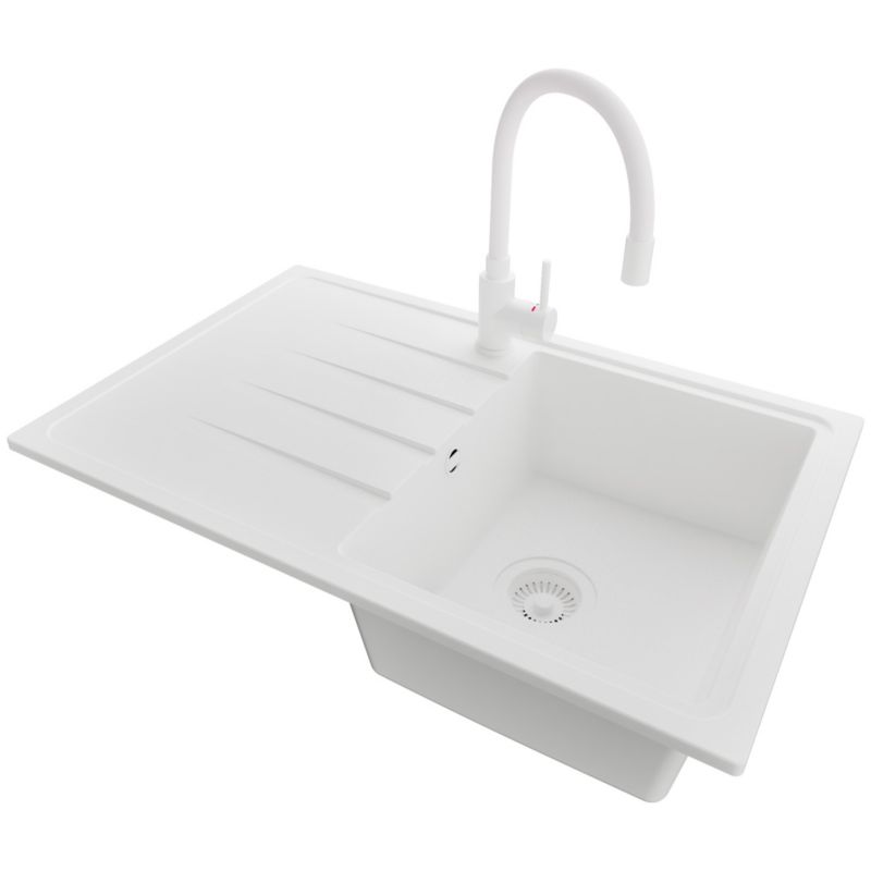 Zlewozmywak Granitowy Mediolan PRIMAGRAN Nablatowy 78x50cm do szafki od 45cm, Cały Biały + Bateria 38x14cm + Syfon, S086, 1 szt.