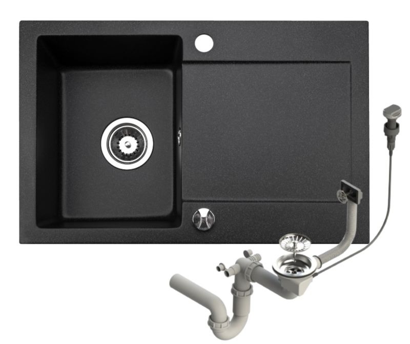 Zlewozmywak granitowy Brenor Cordeo 67 czarny metalik 67x43cm jednokomorowy z ociekaczem z syfonem automatycznym 1 szt