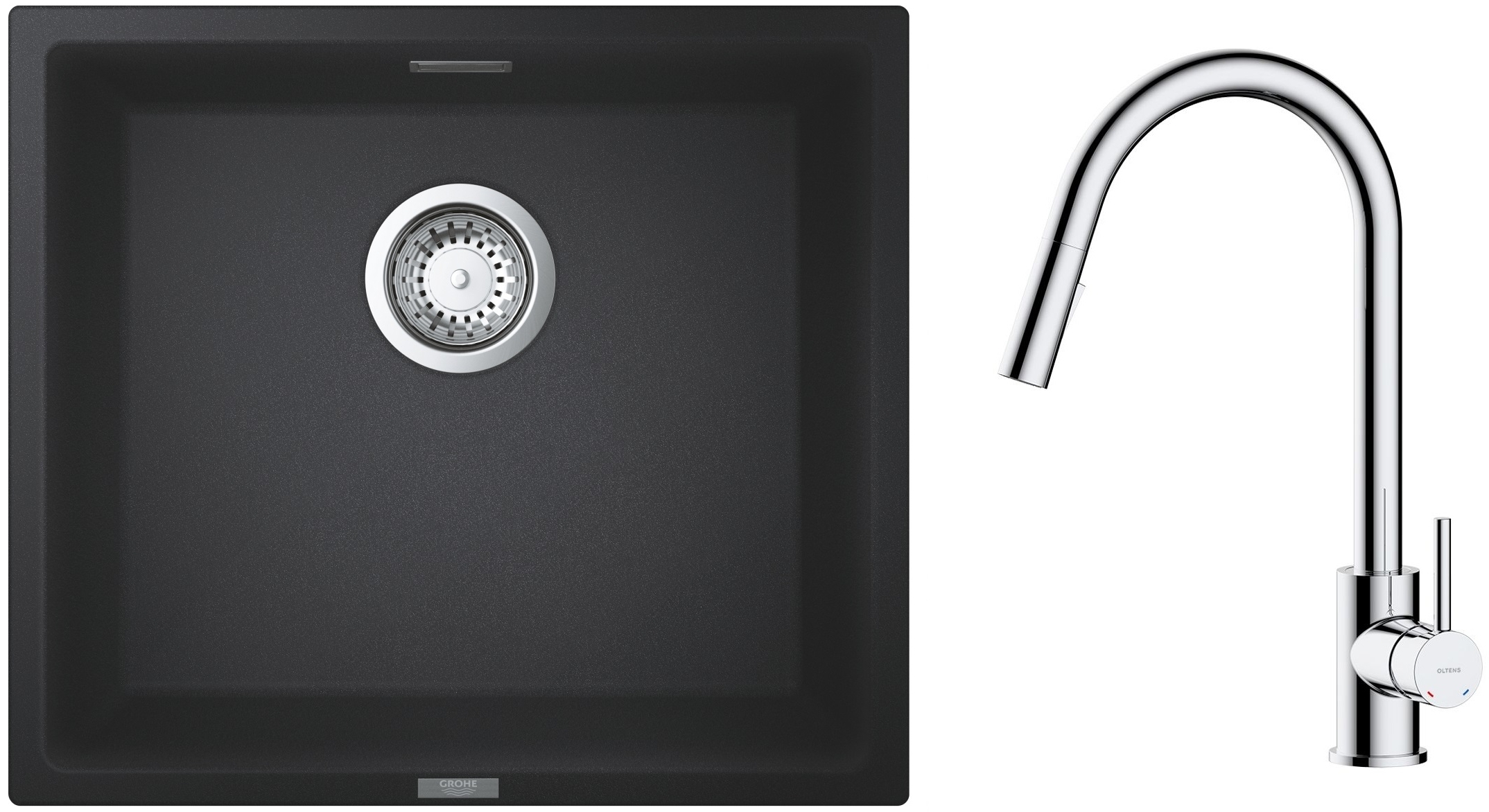 Zestaw Grohe K700 zlewozmywak granitowy 45,7x40,6 cm z baterią kuchenną Oltens Litla czarny granit/chrom (35204100, 31653AP0) - Wysyłka w 24h
