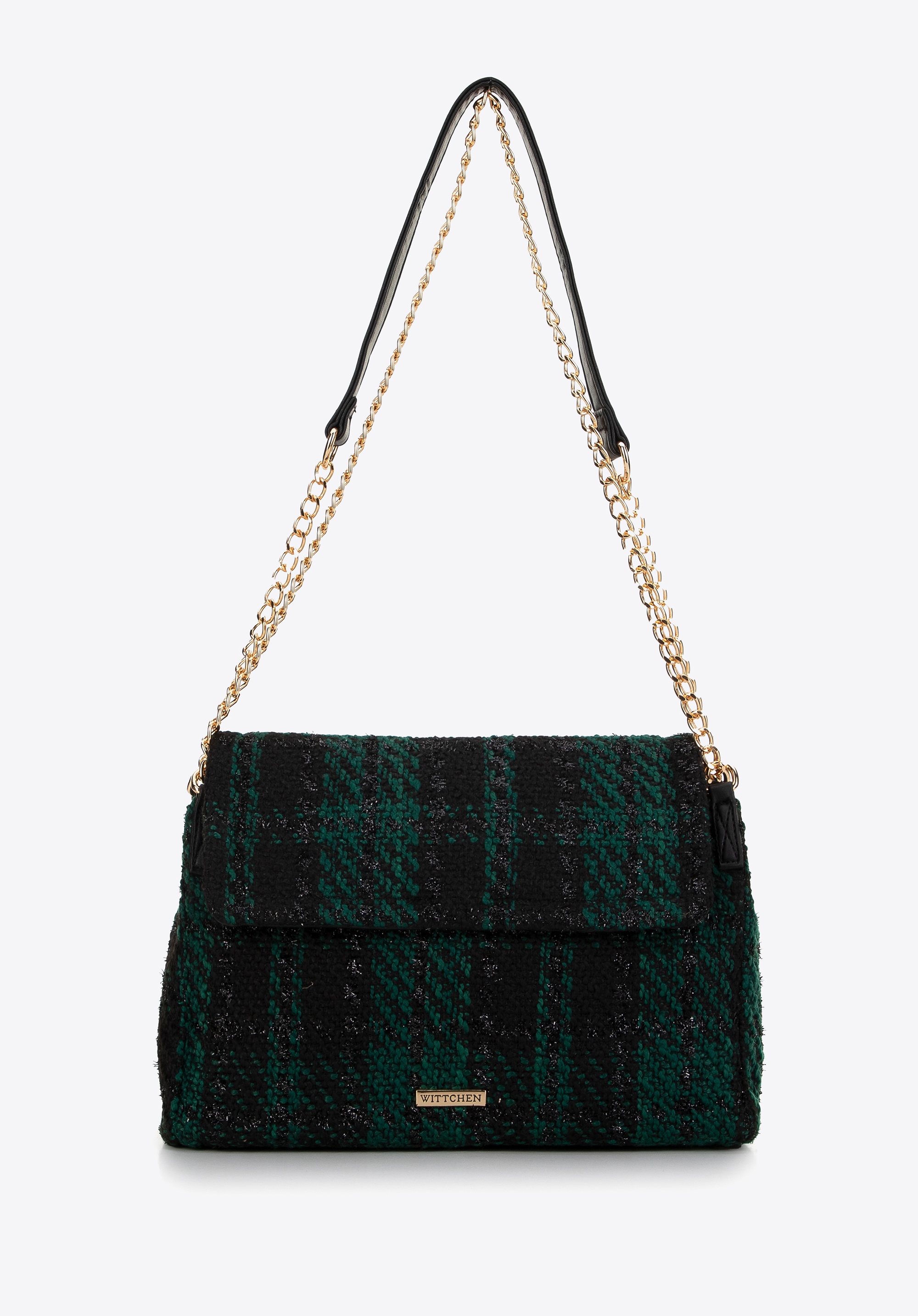 Damska listonoszka z tkaniny bouclé czarno - zielona