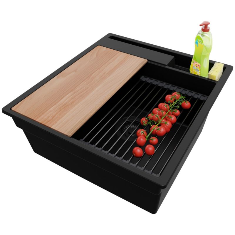 Zlewozmywak Oslo Pocket PRIMAGRAN Nablatowy 48x53cm do szafki od 50cm, Cały Czarny + Syfon + Akcesoria, S173, 1 szt.