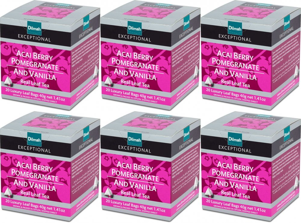 6x Herbata czarna w piramidkach Dilmah Exceptional Acai Berry, Pomegranate and Vanilla, granat/jagody acai/wanilia, 20 sztuk x 2g