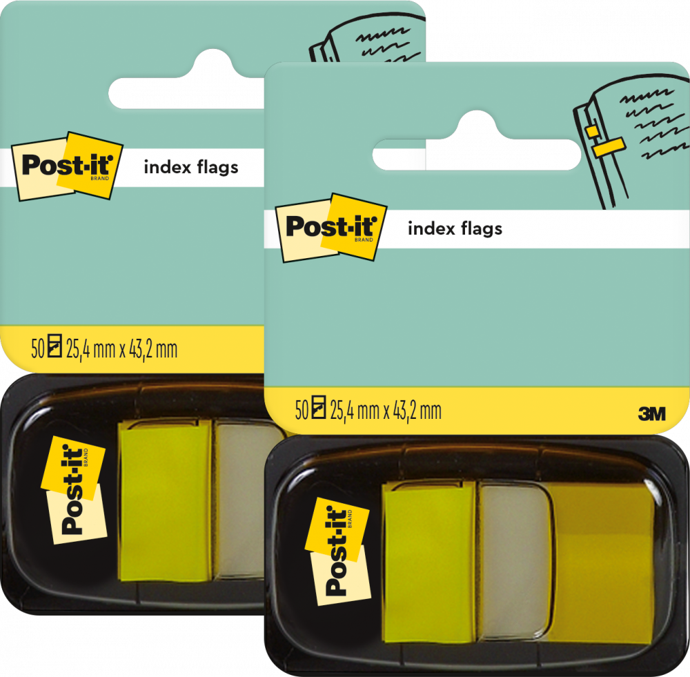 2x Zakładki samoprzylepne Post-it proste, indeksujące, folia, pótransparentne, 25x43mm, 1x50 sztuk, żółty