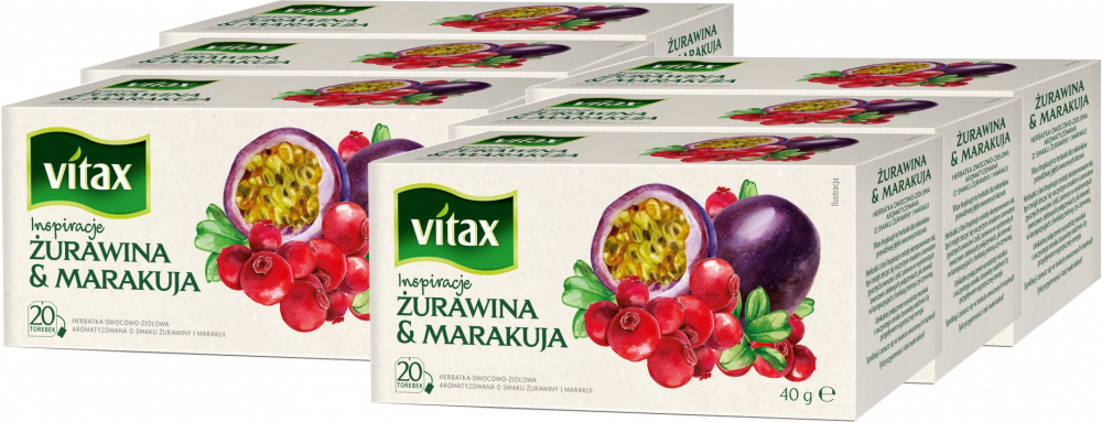 6x Herbata owocowa w torebkach Vitax Inspirations, żurawina i marakuja, 20 sztuk x 2g