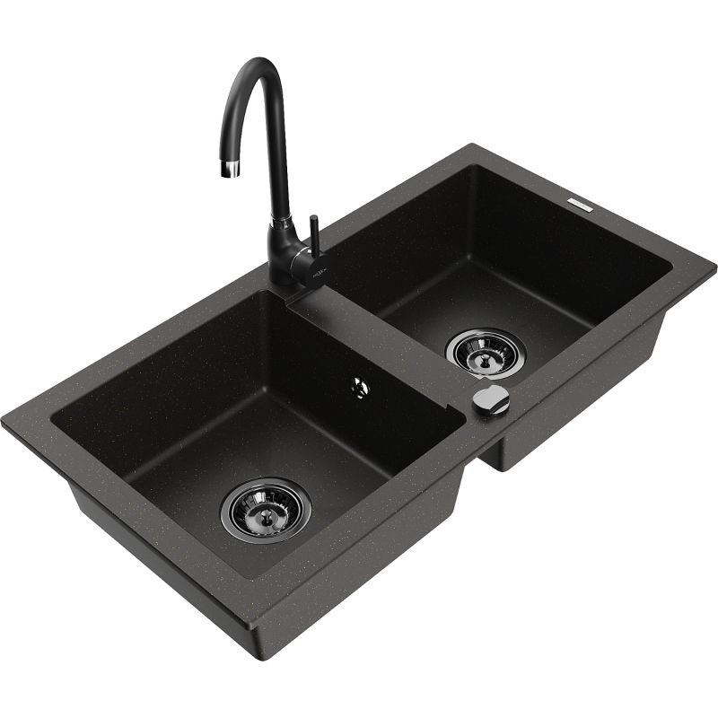 Zlewozmywak granitowy 2-komorowy Mexen Mario z baterią kuchenną Telma czarny/złoty 6504-75-670200-70-B