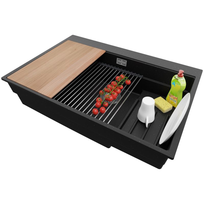 Zlewozmywak Oslo Max PRIMAGRAN Nablatowy 78x53cm do szafki od 80cm, Czarny Metalik + Syfon + Akcesoria, S098, 1 szt.