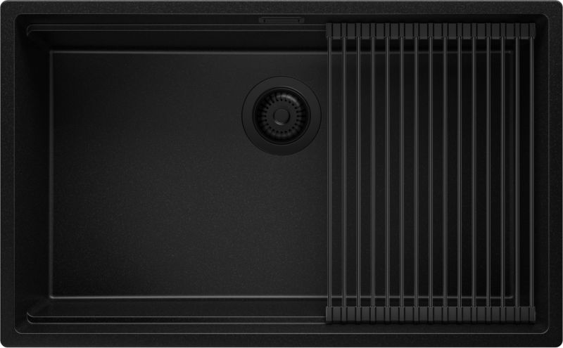 Zlewozmywak podblatowy Praga PRIMAGRAN 76x47cm do szafki od 80cm, Cały Czarny + Syfon + Zwijany ociekacz, S547, 1 szt.