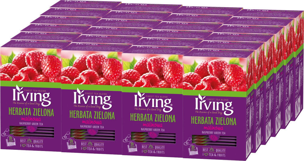 24x Herbata zielona smakowa w kopertach Irving, malinowa, 20 sztuk x 1.5g