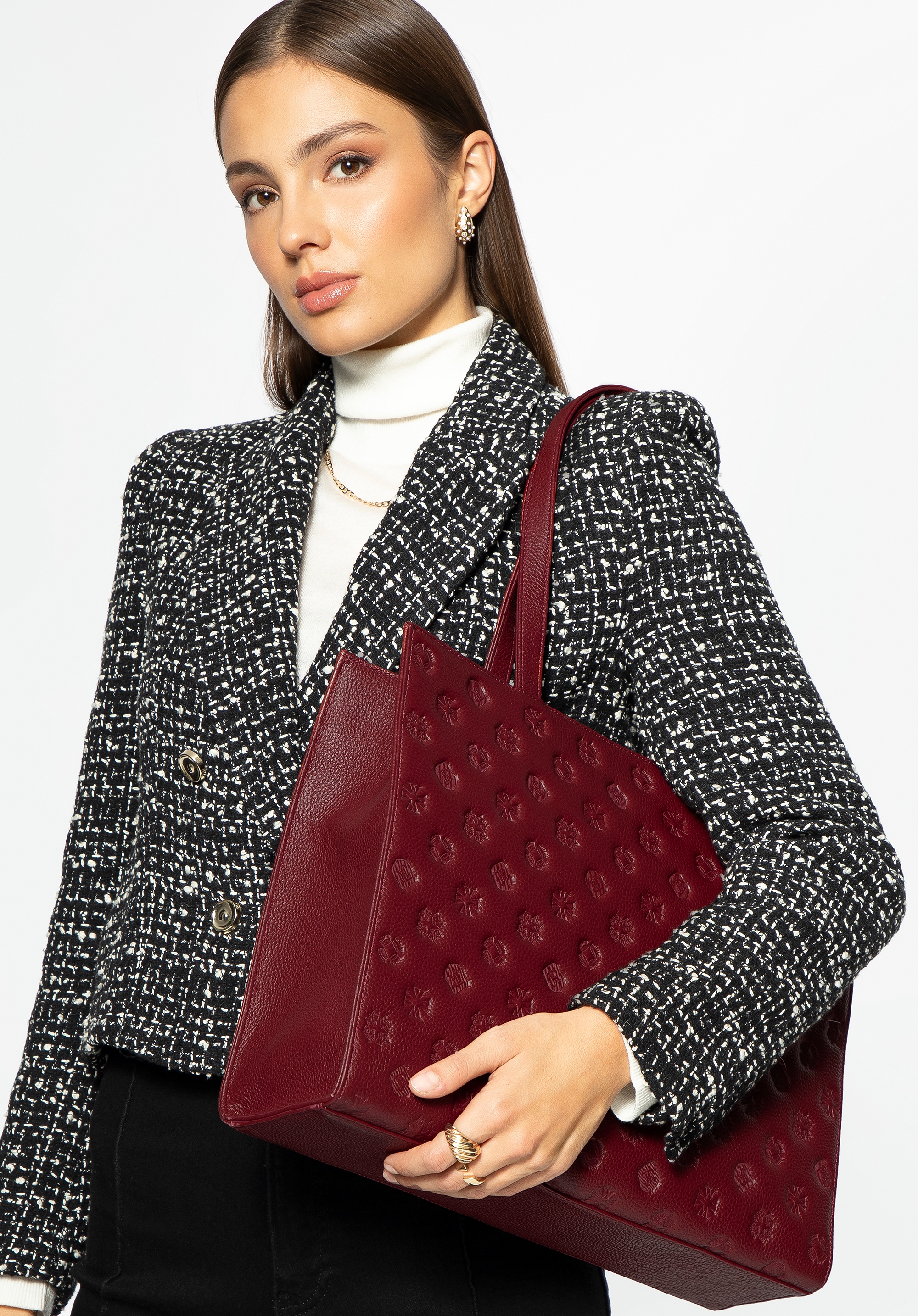 Damska skórzana shopperka w tłoczenie bordowa