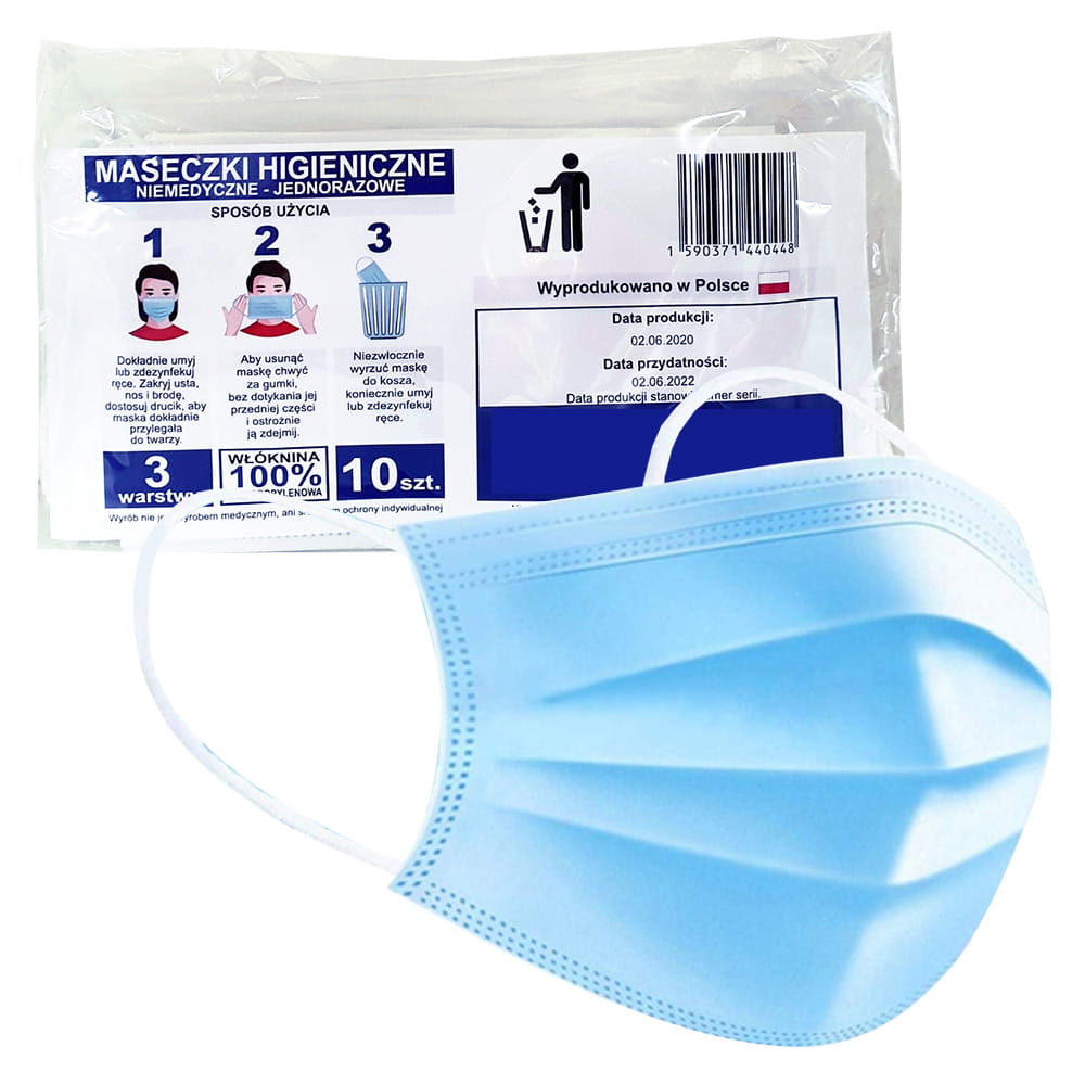 Maski maseczki ochronne 3-warstwowe do zasłaniania ust i nosa niebieskie 10 sztuk
