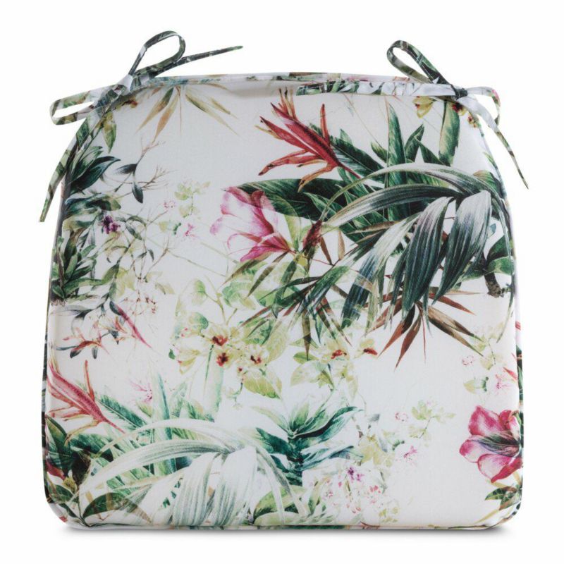 Poduszka na krzesło GARDEN 31C Eurofirany 40 x 38 cm wodoodporna biało, zielona zdobione roślinnym wzorem 1 szt.