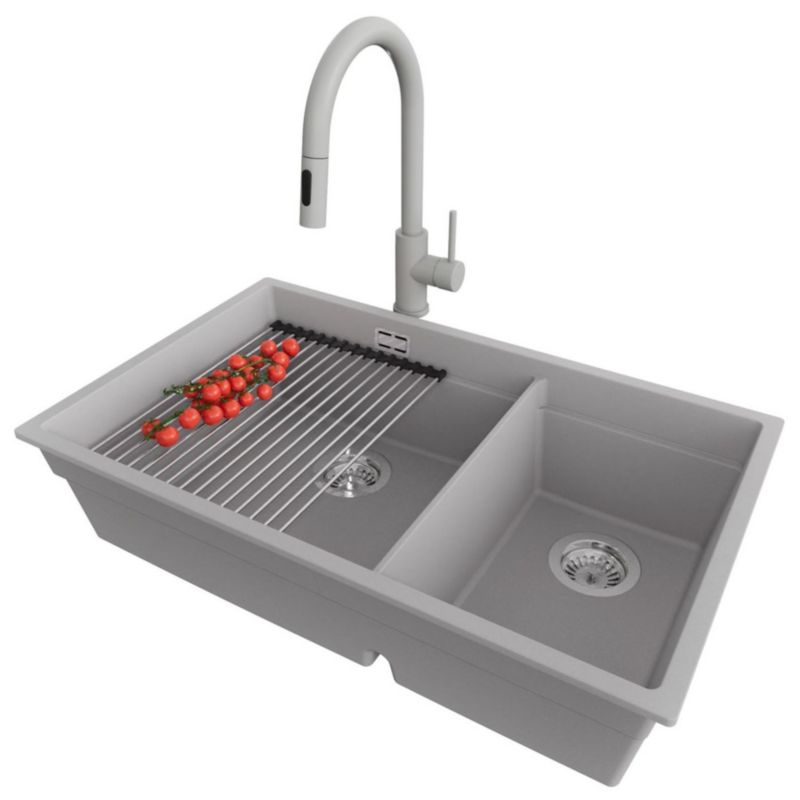 Zlewozmywak Granitowy Praga Slim Duo PRIMAGRAN Nablatowy 76x47cm, Szary + Bateria + Syfon + Akcesorium, , 1 szt.