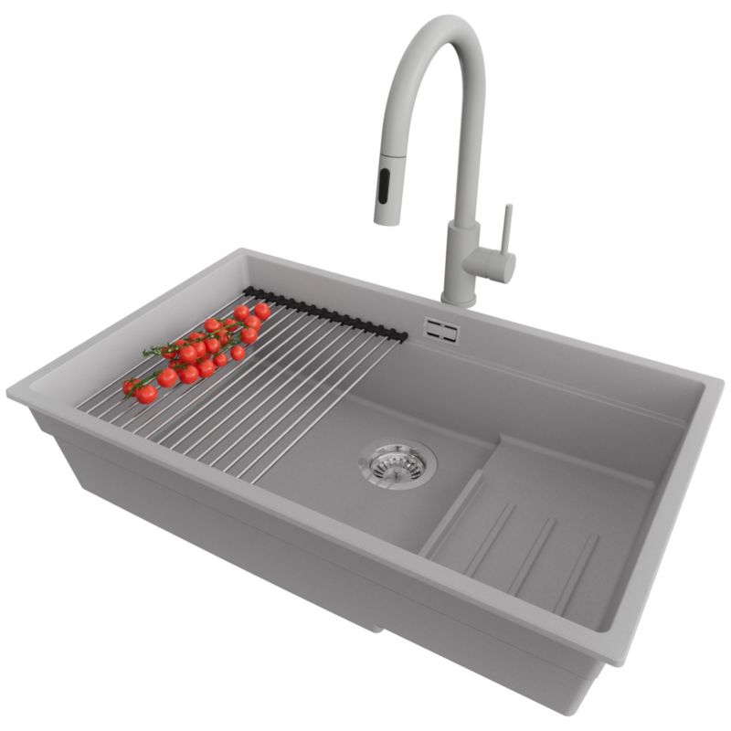 Zlewozmywak podblatowy Praga PRIMAGRAN 76x47cm do szafki od 80cm, Szary + Bateria + Syfon + Zwijany ociekacz, S613, 1 szt.