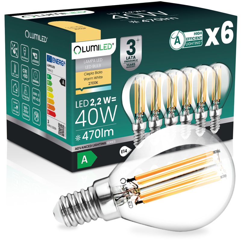 Żarówka LED Lumiled E14 Kulka P45 2.2W 470lm 2700K 360st Filament Klasa A 6 szt.