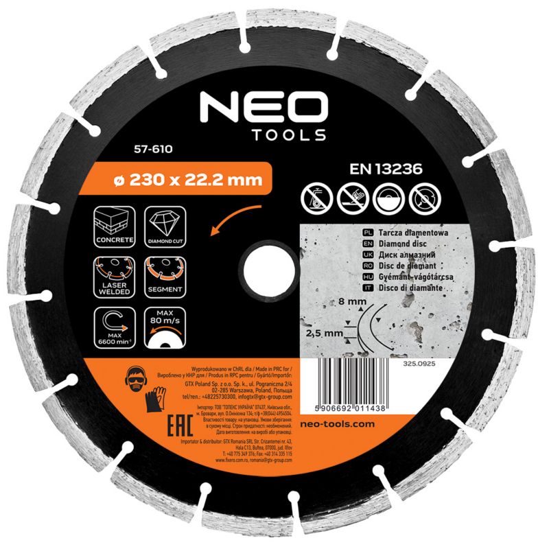 Tarcza diamentowa NEO TOOLS 230 x 22.2 mm, segmentowa, spawana laserowo 1 szt