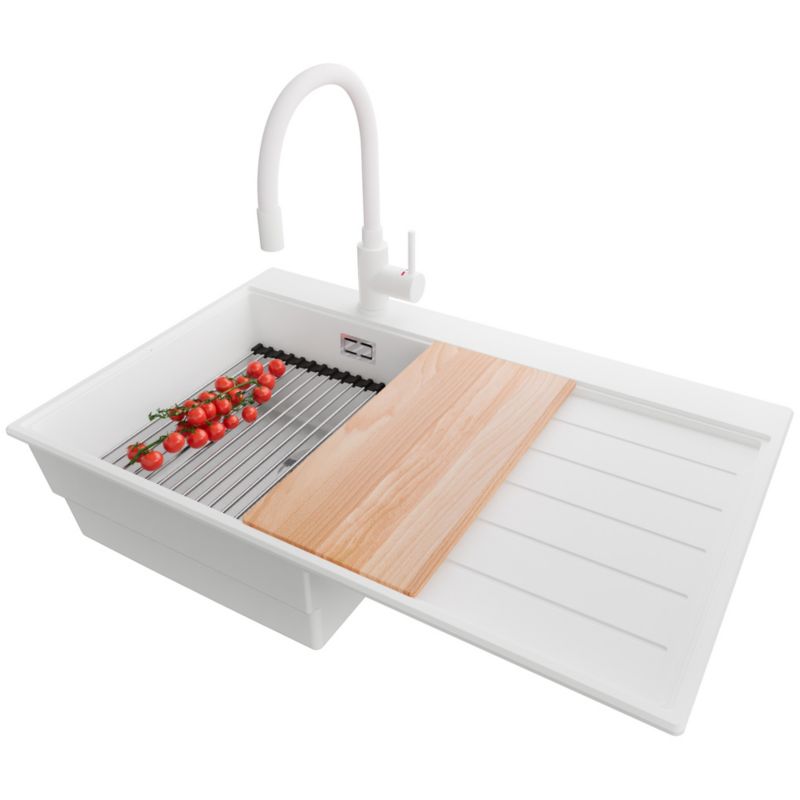 Zlewozmywak Granitowy Sydney PRIMAGRAN Nablatowy 78x50cm do szafki od 45cm, Biały + Bateria + Syfon + Akcesoria, S279, 1 szt.