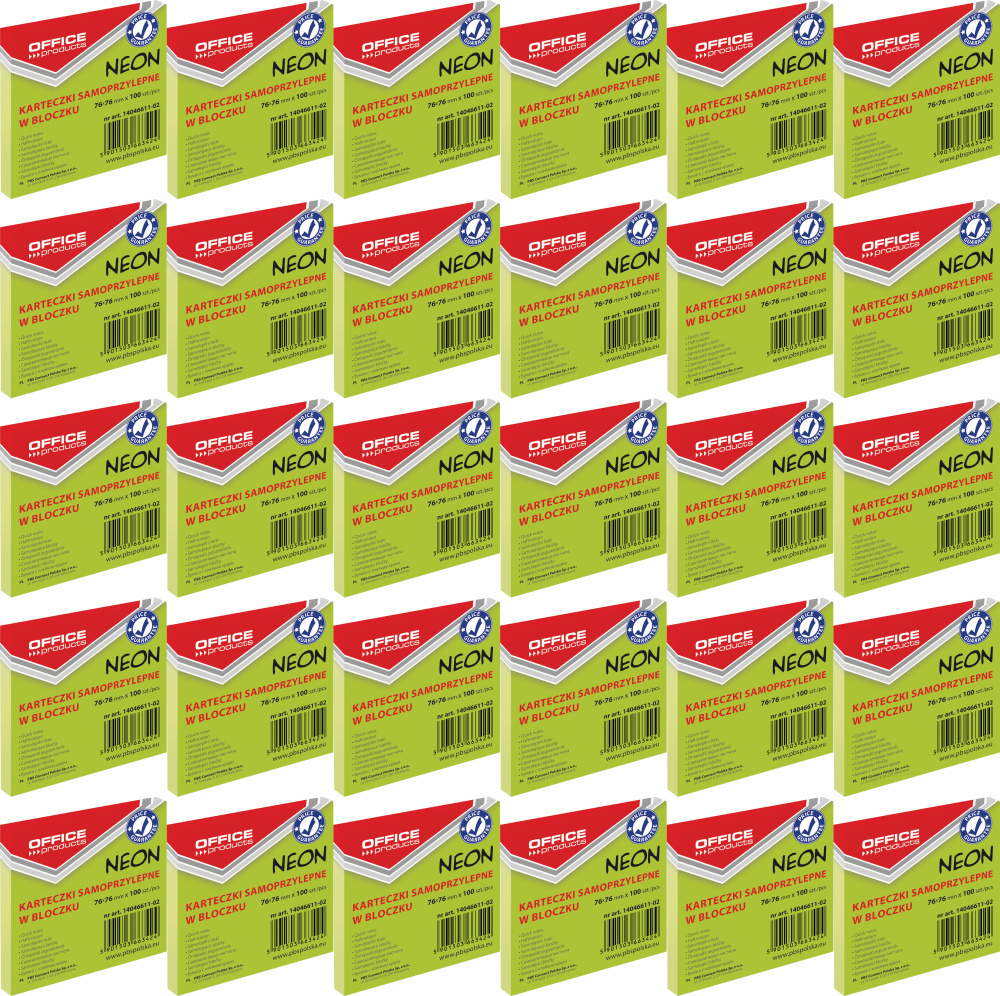 60x Karteczki samoprzylepne Office Products, 76x76mm, 100 karteczek, neonowy zielony