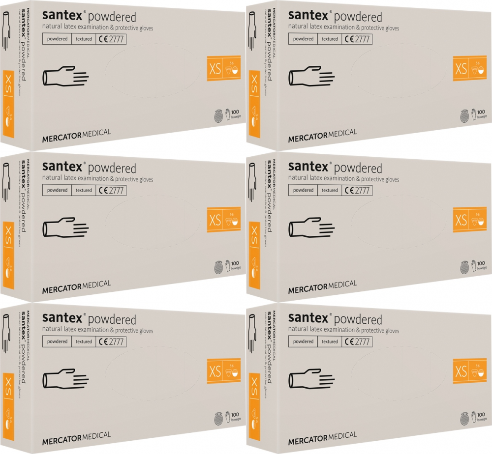 6x Rękawiczki jednorazowe lateksowe Santex, pudrowane, rozmiar XS, 100 sztuk, kremowy