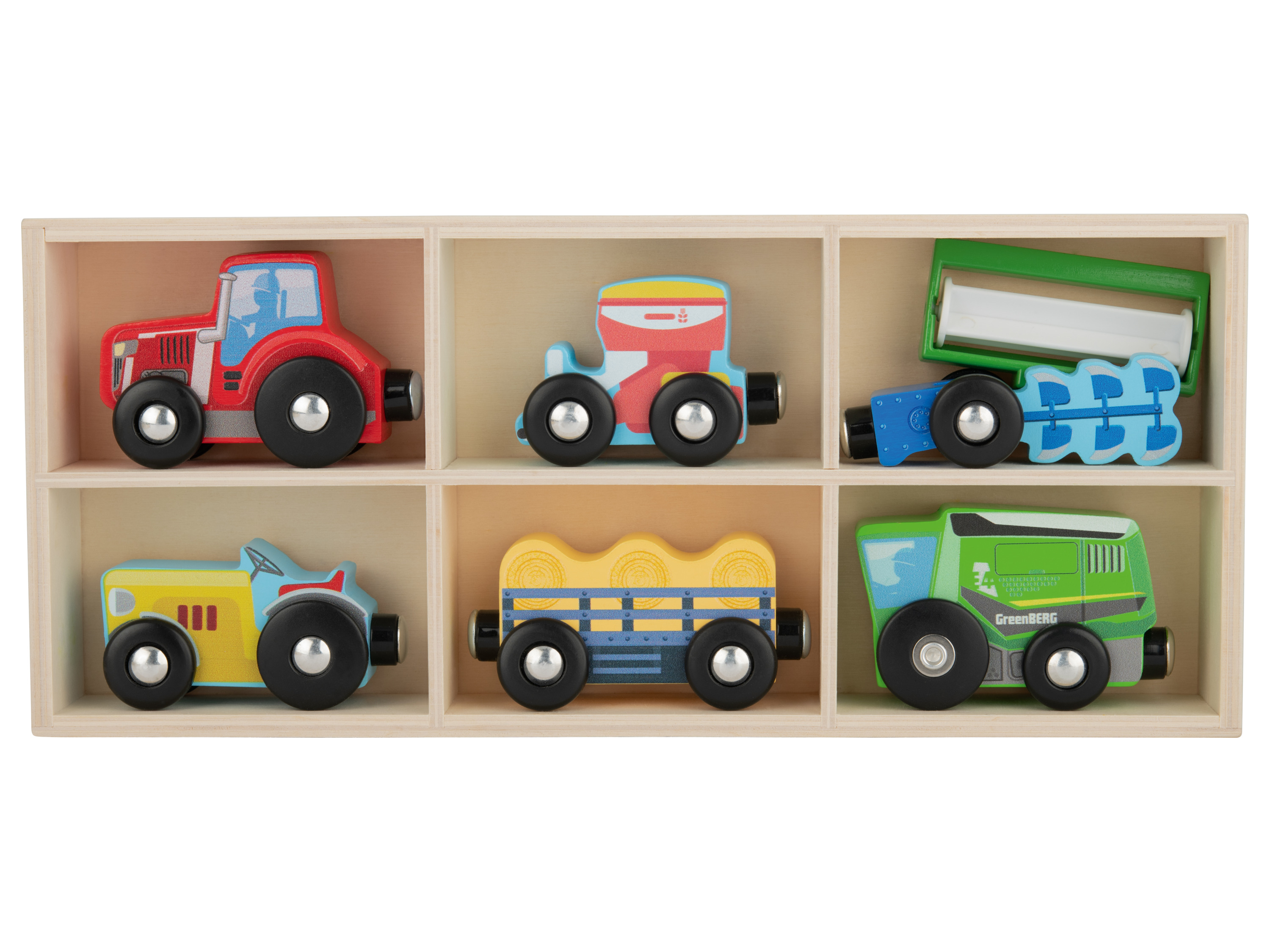 lupilu Zestaw 6 drewnianych samochodzików Pojazdy rolnicze