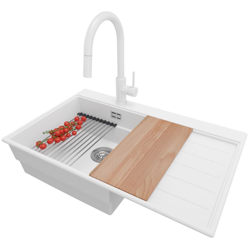 Zlewozmywak Granitowy Sydney PRIMAGRAN Nablatowy 78x50cm do szafki od 50cm, Biały + Bateria + Syfon + Akcesoria, S372, 1 szt.