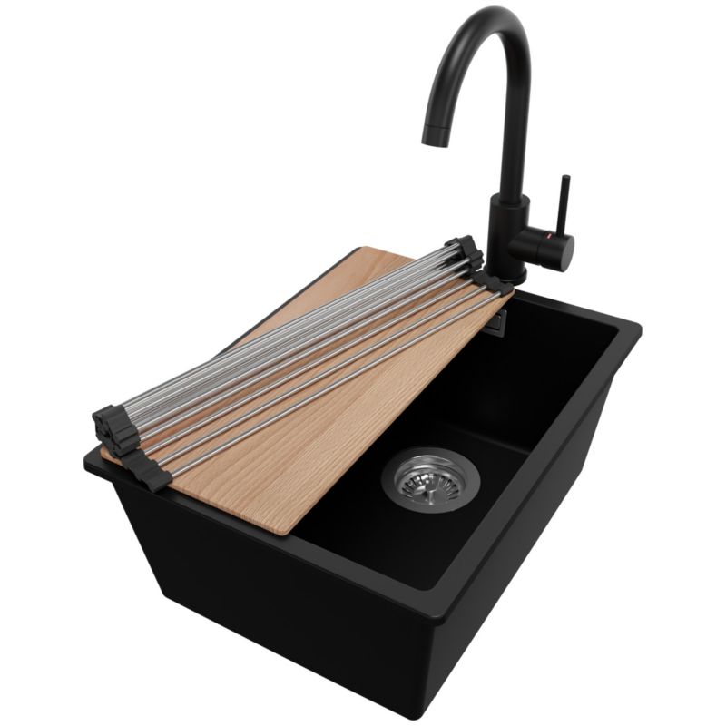 Zlewozmywak Granitowy Londyn Slim PRIMAGRAN Nablatowy 36x47cm do szafki od 40cm z Syfonem i Baterią i Dodatkiem Czarny 1 szt.