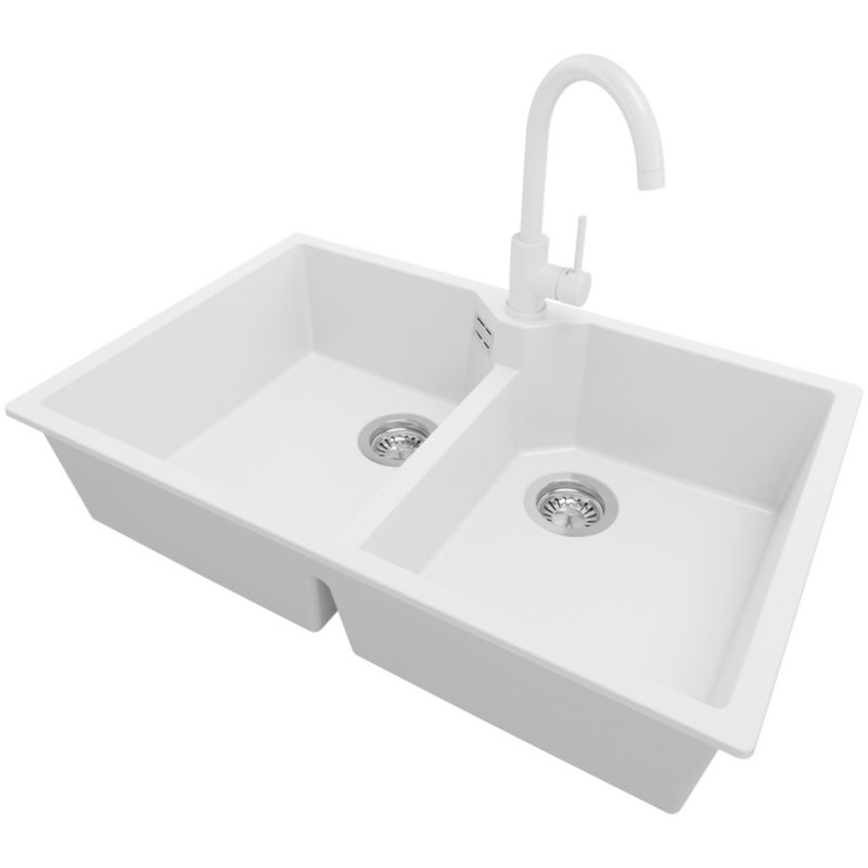 Zlewozmywak Granitowy Madryt Twin PRIMAGRAN Nablatowy 78x50cm do szafki od 80cm, Biały + Bateria 32x20cm + Syfon, S011, 1 szt.