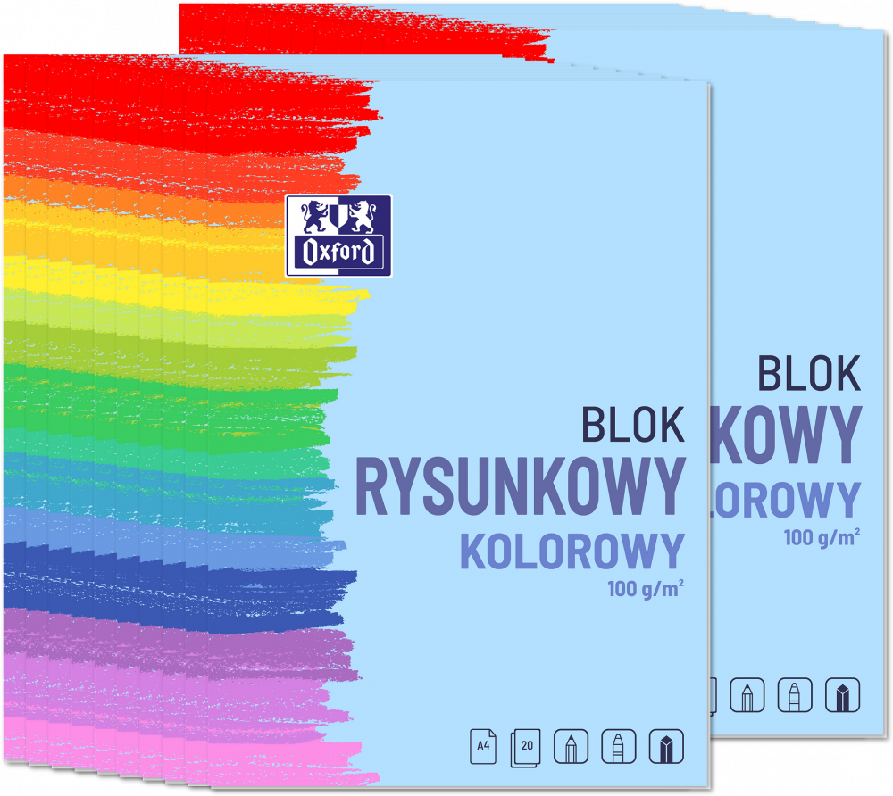 20x Blok rysunkowy Oxford, A4, 10 kartek, kolorowy, 100g/m2