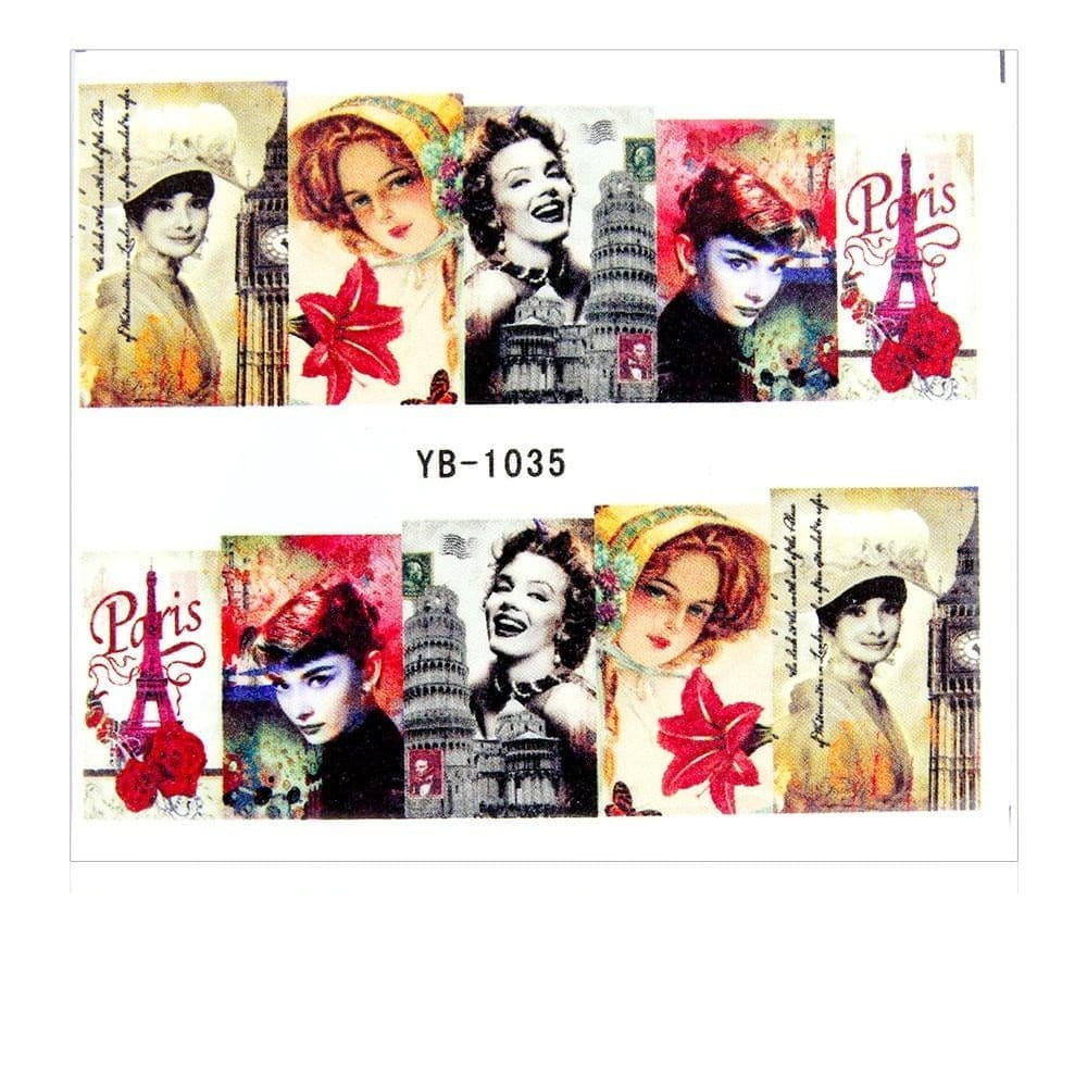 Naklejki wodne do paznokci arkusz 6,5 x 5,5 cm na 10 palców yb Nr 1035