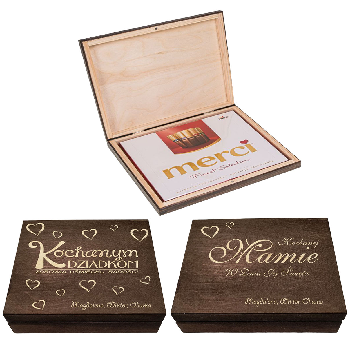 Pudełko na czekoladki Merci prezent podziękowanie dla babci mamy twój napis grawer brąz