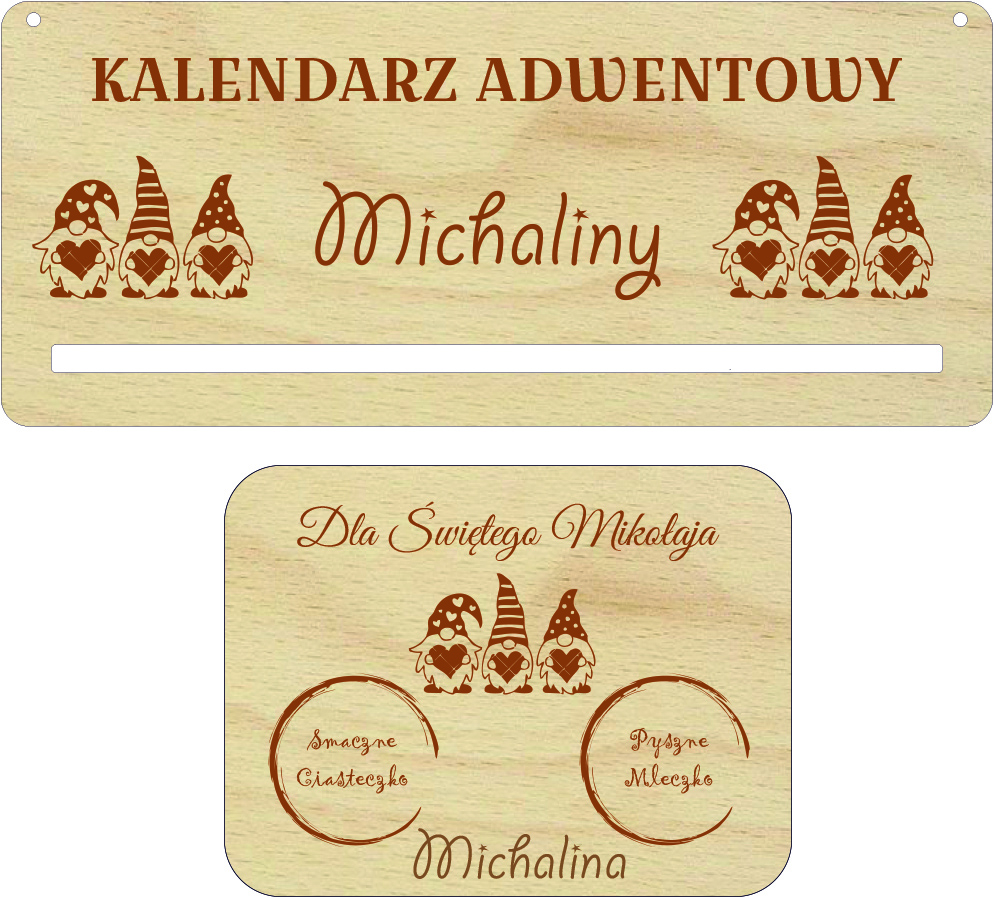 Kalendarz adwentowy tabliczka Imię i talerzyk na mleczko i ciasteczko dla Św. Mikołaja zestaw prezent
