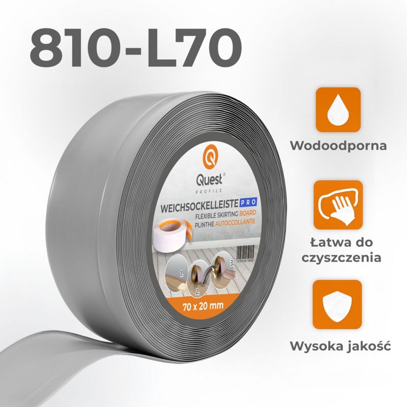 Listwa przypodłogowa PCV 70x20mm, QUEST, elastyczna, miękka listwa podłogowa, cokołowa, szary, 15m