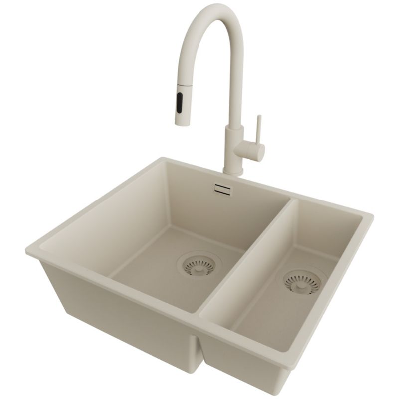 Zlewozmywak Granitowy Londyn Slim Duo PRIMAGRAN Nablatowy 56x47cm do szafki od 60cm, Beżowy + Bateria + Syfon, S026, 1 szt.