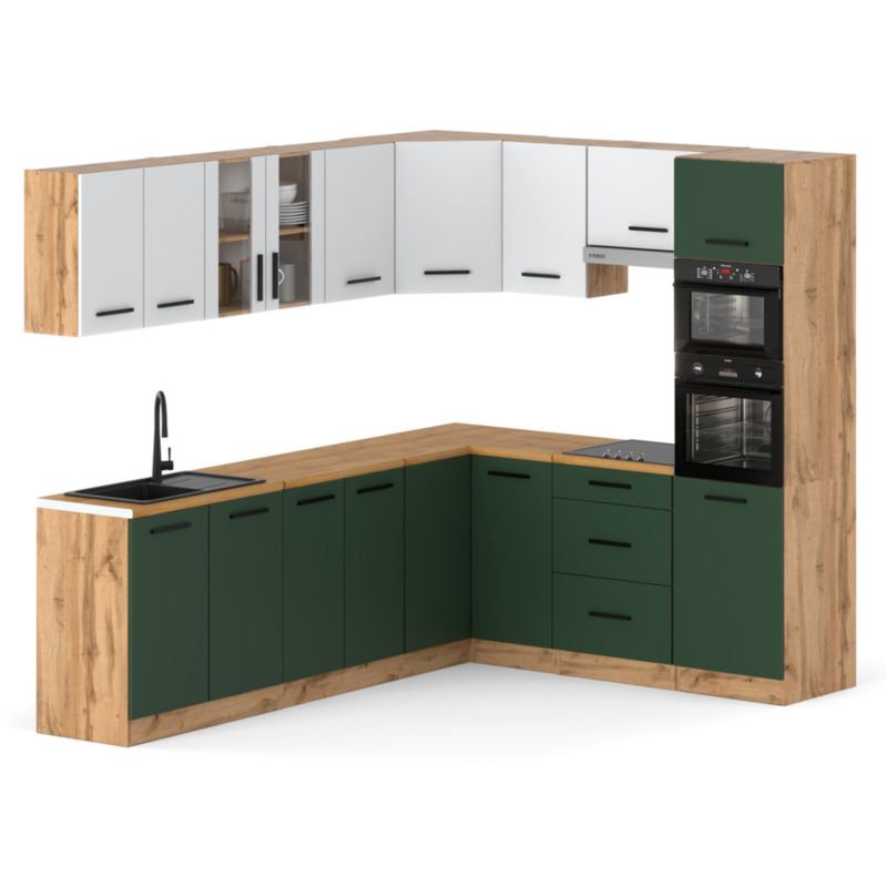 Zestaw Kuchenny Hurtownia-Mebli Z Blatem Kuchnia Marra Narozna 460cm Dąb Wotan Biały Mat/Butelkowa Zieleń 460x47x145 cm 1szt.