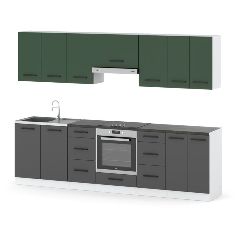 Zestaw Kuchenny Hurtownia-Mebli Z Blatem Kuchnia Roma 280cm Biały Mat Butelkowa Zieleń/Szary Mat 280x47x145 cm 1szt.