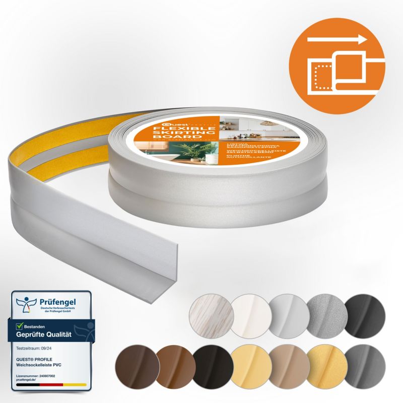 Listwa wykończeniowa PCV 25x25mm, QUEST, samoprzylepna, elastyczna, miękka taśma dekoracyjna, srebrny, 25m