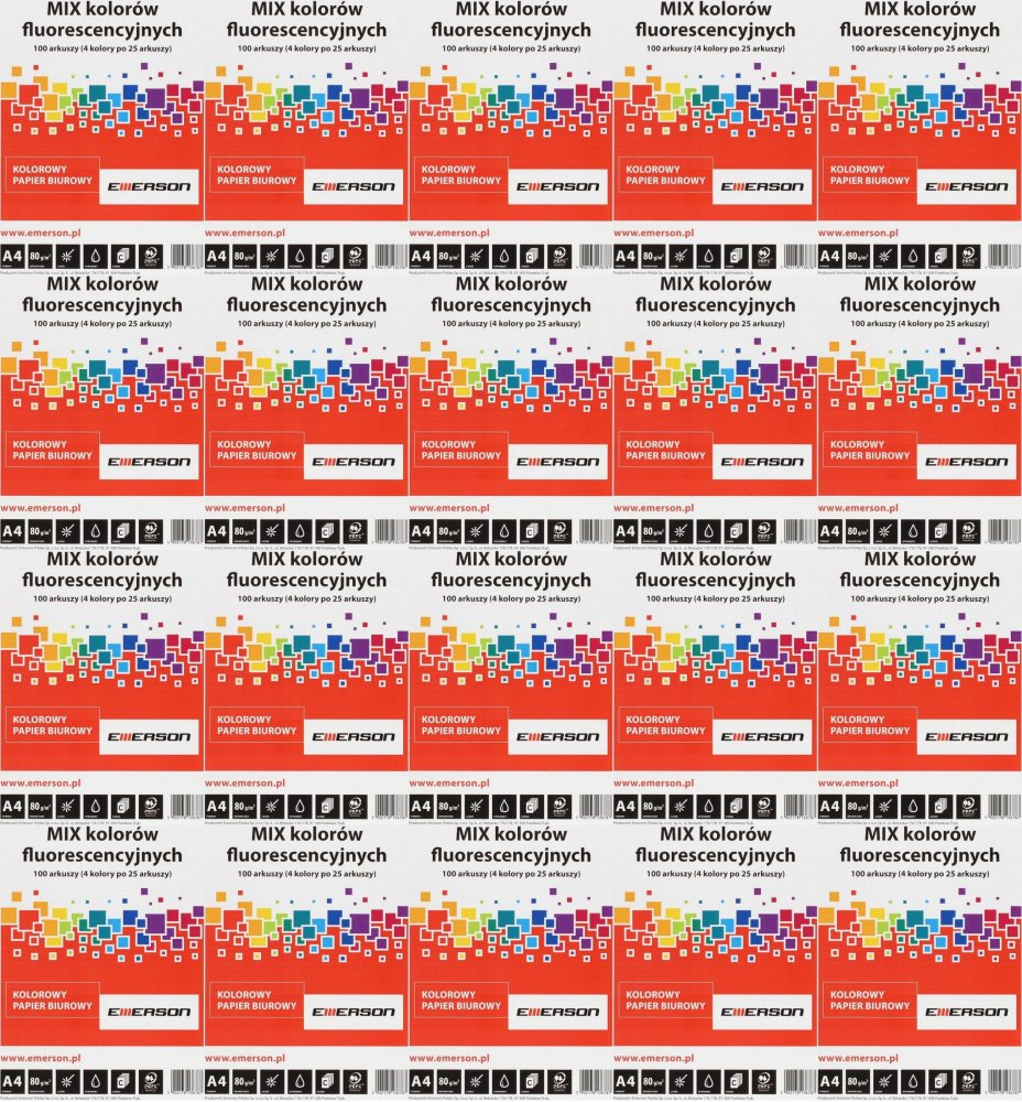 20x Papier kolorowy Emerson, A4, 80g/m2, 100 arkuszy, mix kolorów neonowych 4x25 ark.