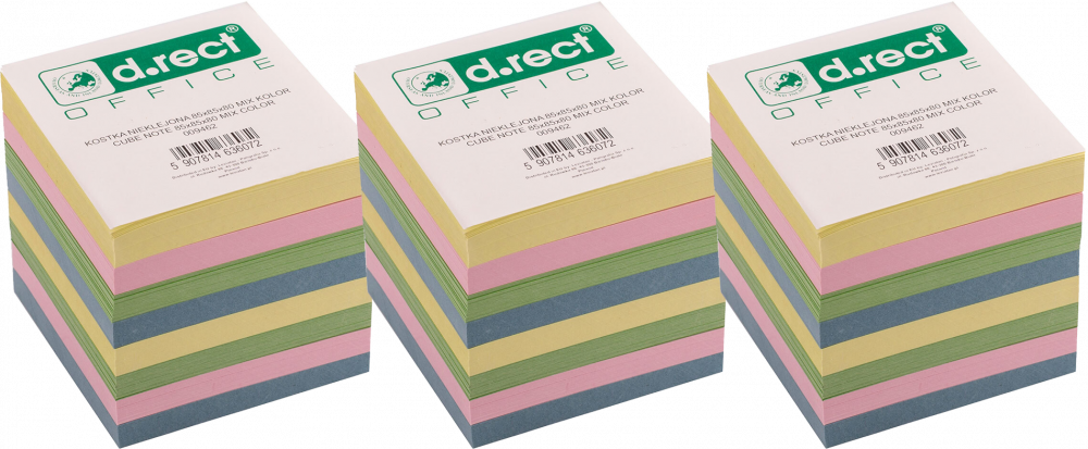 3x Karteczki do notatek D.Rect, nieklejone, 85x85x80mm, 800 kartek, mix kolorów pastelowych