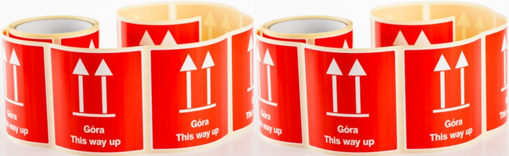 2x etykiety na rolce Dalpo, z nadrukiem 'Góra/This Way Up', 100x100mm, 100 sztuk, biały z czerwonym nadrukiem