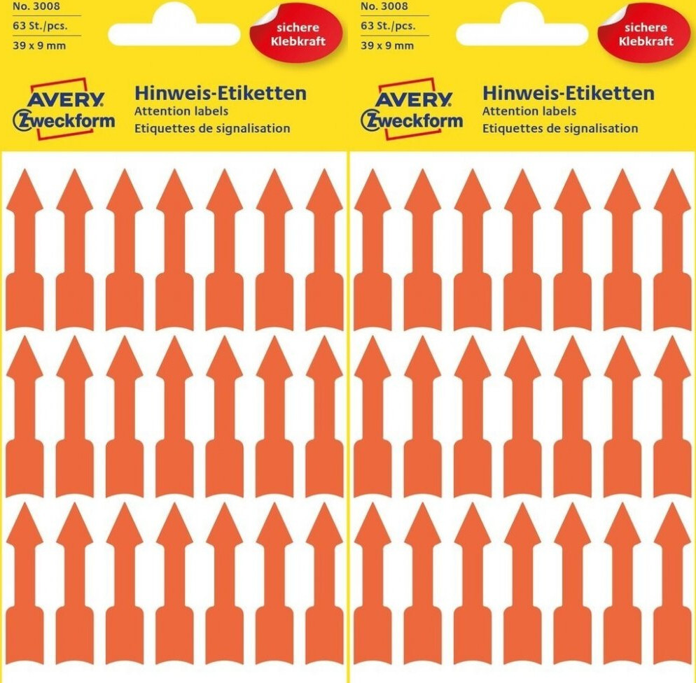2x Etykiety ostrzegawcze Avery Zweckform, strzałki, 39x9mm, 63 sztuk, pomarańczowy odblaskowy