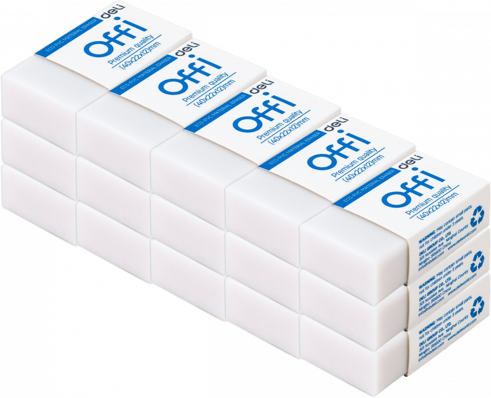 15x Gumka ołówkowa Deli Offi, 40x22x12 mm, biały