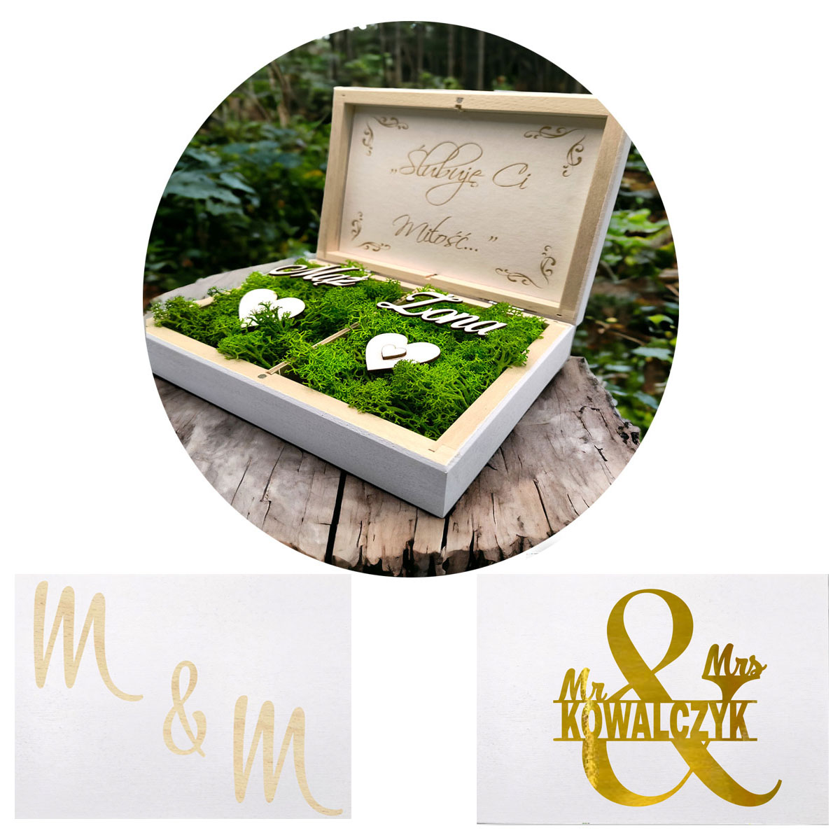 Drewniane Pudełko na Obrączki Ślubne z mchem, szkatułka na magnes - Personalizowane, Imię, Inicjały, Data, kolor biały